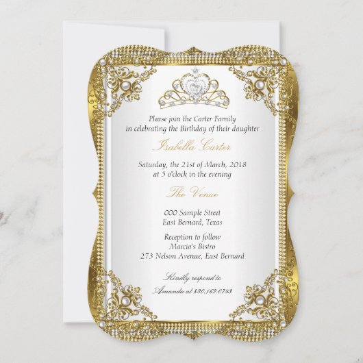 Invitation Tiara White Gold Pearl Damask Anniversaire Party 2 (Devant)