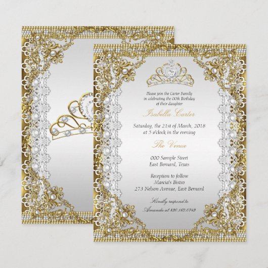 Invitation Tiara White Gold Pearl Lace Damask Anniversaire (Devant / Derrière)