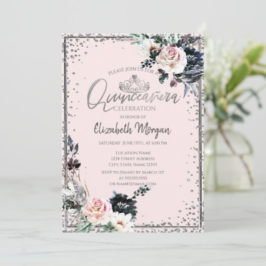 Invitation Tiare d'argent, Frame de diamant Fleurs blanches (Debout devant)