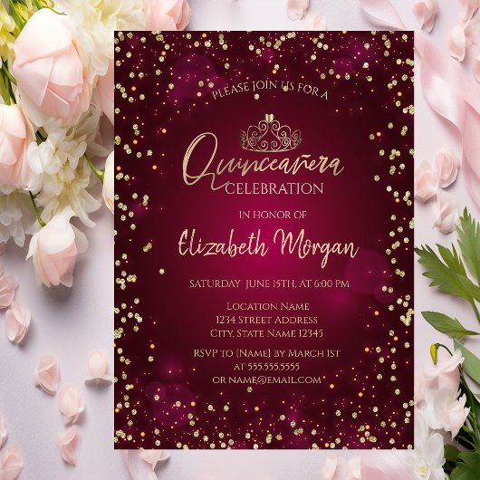 Invitation Tiare Or Chic, Diamants Bourgogne Quinceañera