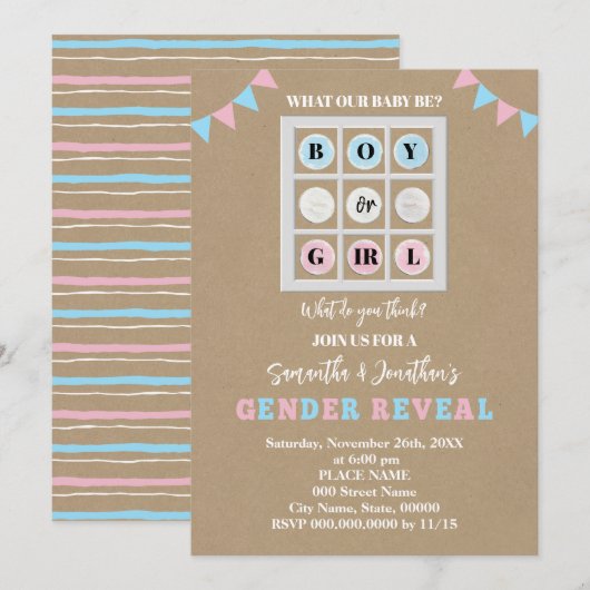 Invitation Tic Tac Toe Révélation de genre garçon ou fille (Devant / Derrière)