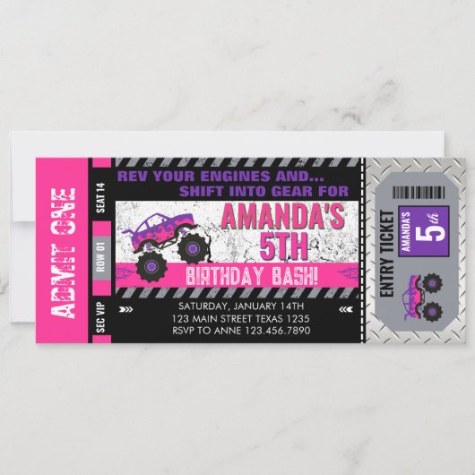 Invitation Ticket d'anniversaire pour camion monstre pour fil (Devant)