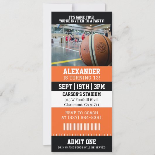 Invitation Ticket de Basketball pour un Anniversaire (Devant)