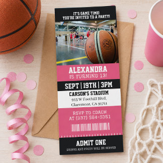 Invitation Ticket de Basketball Rose Fête d'Anniversaire