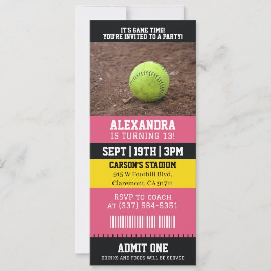 Invitation Ticket de Softball Rose Fête d'Anniversaire (Devant)