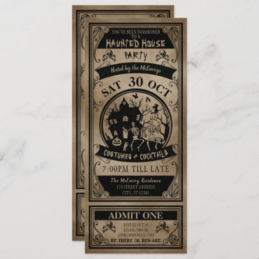 Invitation Ticket Haunted Maison vintage Halloween (Devant / Derrière)