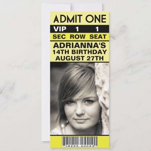 Invitation Ticket photo VIP jaune citron fête d'anniversaire (Devant)