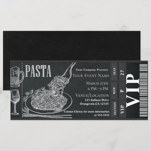 Invitation Ticket pour dîner VIP au repas de pâtes et de vin (Devant / Derrière)