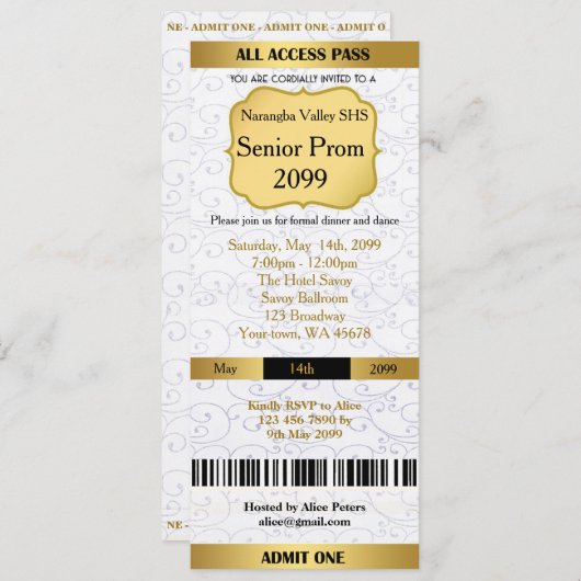 Invitation Ticket Prom Trend,toutes les occasions, (Devant / Derrière)
