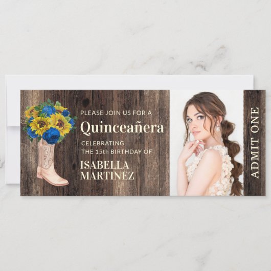 Invitation Ticket Quinceañera Bottes de soleil rustiques Rose (Devant)