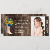 Invitation Ticket Rustique Rose Sunflower Blue Boot Quinceañe (Devant / Derrière)