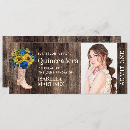 Invitation Ticket Rustique Rose Sunflower Blue Boot Quinceañe (Devant / Derrière)