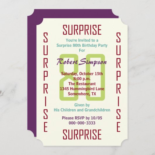 Invitation Ticket surprise 80e fête d'anniversaire 80 (Devant / Derrière)