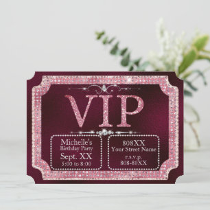 Invitation Ticket VIP Burgundy Glitter Diamants Rose & Or