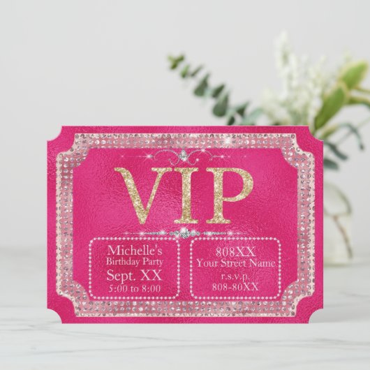 Invitation Ticket VIP Pailleté Rose Chaud et Or (Debout devant)