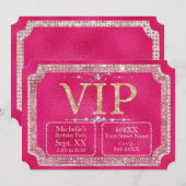 Invitation Ticket VIP Pailleté Rose Chaud et Or (Devant / Derrière)