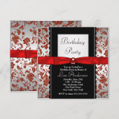 Invitation Tie Bow Rouge & Noir Damassé Anniversaire (Devant / Derrière)