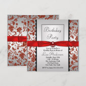 Invitation Tie Bow Rouge & Noir Damassé Anniversaire (Devant / Derrière)