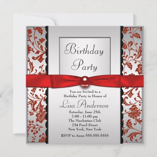 Invitation Tie Bow Rouge & Noir Damassé Anniversaire (Devant)