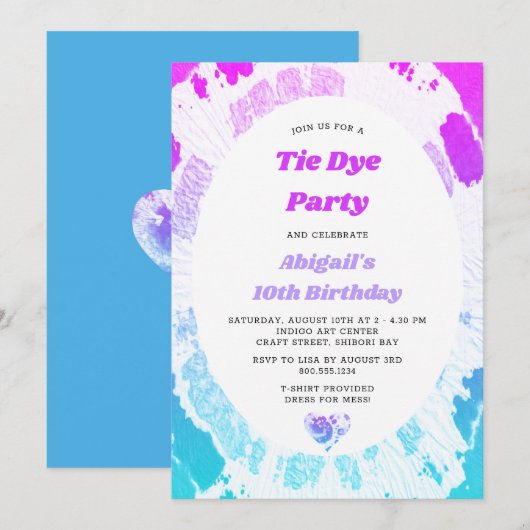 Invitation Tie Dye Anniversaire Fête rose clair Lilac Turquoi (Devant / Derrière)