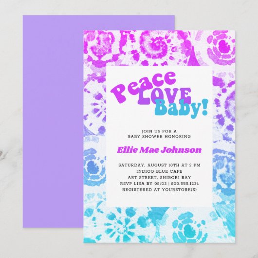 Invitation Tie Dye Baby shower Retro Peace Love Baby (Devant / Derrière)