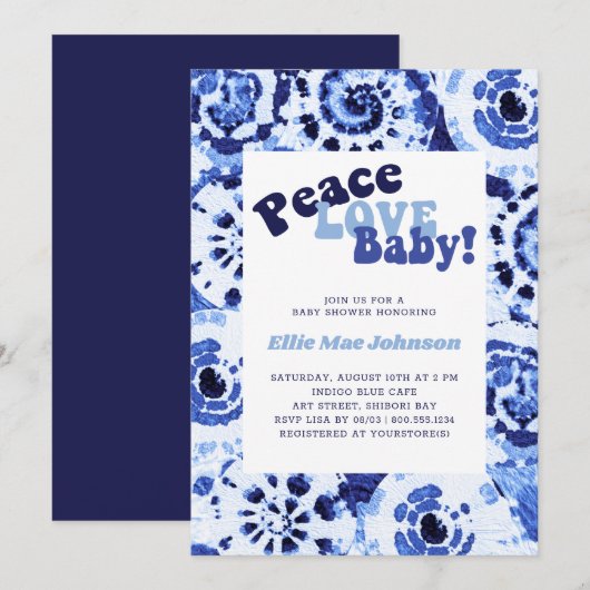 Invitation Tie Dye Blue Shibori Peace Love Baby shower (Devant / Derrière)