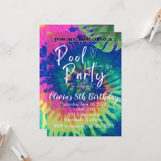 Invitation Tie Dye Fête au Piscine Anniversaire Pi (Devant/Arrière en situation)