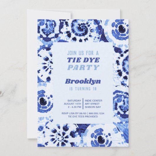 Invitation Tie Dye fête d'anniversaire Blue Shibori (Devant)