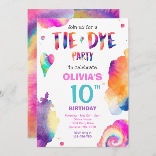 Invitation Tie Dye fête d'anniversaire Bright Tie Dye fête hi (Devant / Derrière)