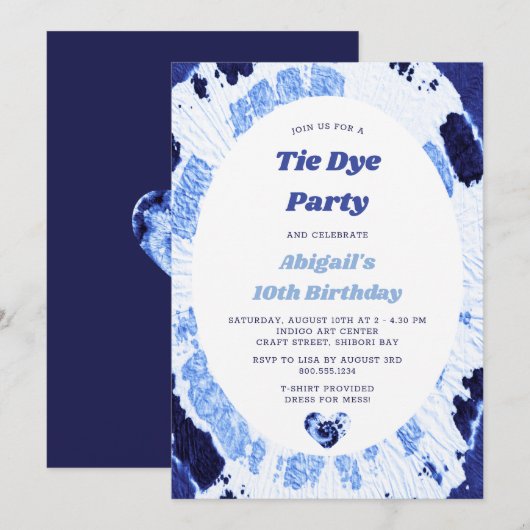 Invitation Tie Dye fête d'anniversaire Indigo Blue Shibori (Devant / Derrière)