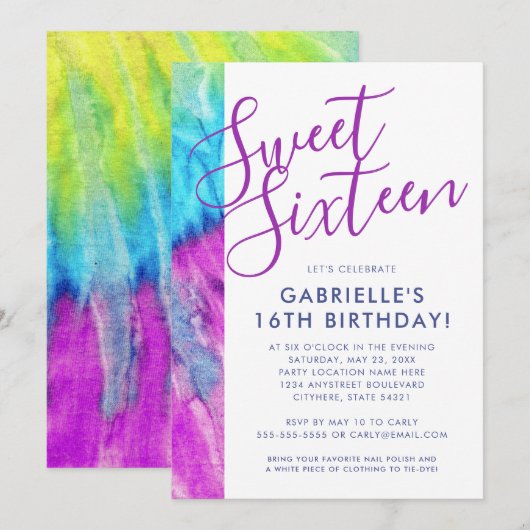 Invitation Tie Dye Hippy Chic Purple Aqua Blue Sweet 16 (Devant / Derrière)