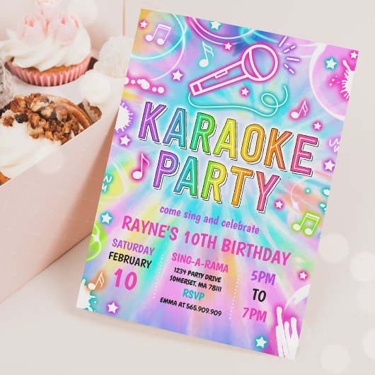 Invitation Tie Dye Neon Karaoke Chanter Musique Anniversaire