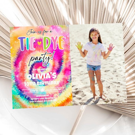 Invitation Tie Dye Party Hippy Bright Colors Fille Anniversai