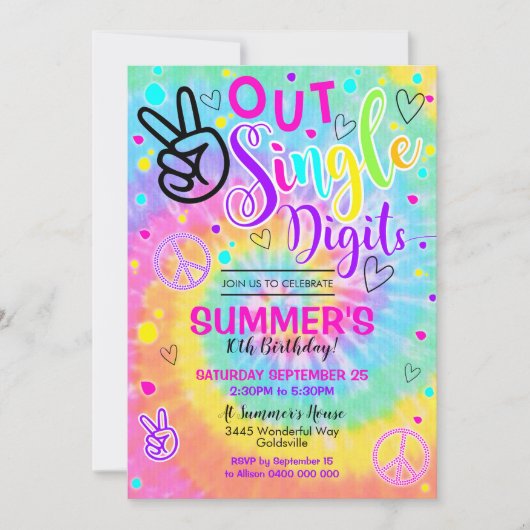 Invitation Tie Dye Peace Out Chiffres Simples 10e (Devant)
