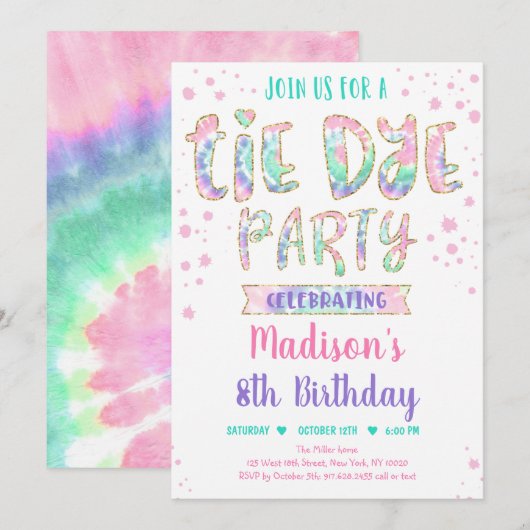 Invitation Tie Dye Rainbow Boho Hippie Girls Anniversaire (Devant / Derrière)