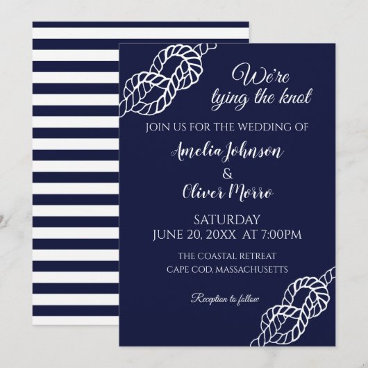 Invitation Tied The Knot Nautical Rope White Navy Wedding (Devant / Derrière)