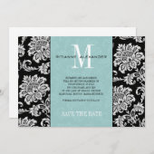 Invitation Tiffany Black Monogramme Damask Enregistrer La Dat (Devant / Derrière)