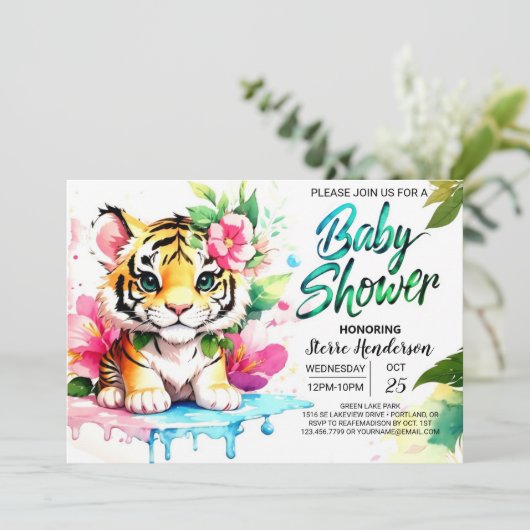 Invitation Tiger Cub bébé fille douche (Debout devant)