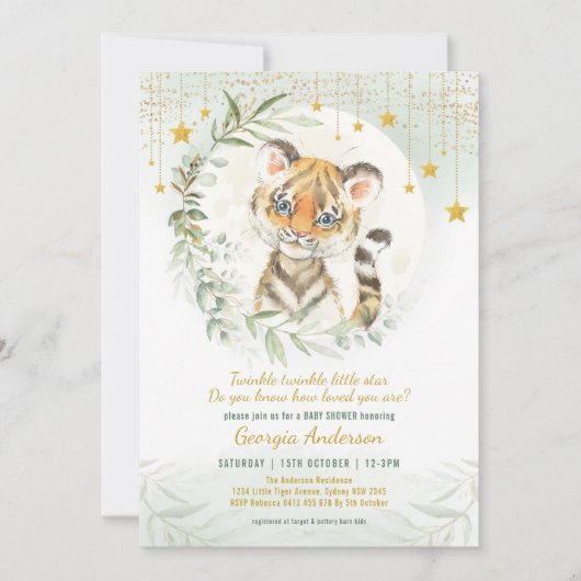 Invitation Tiger Cub Verdure Lune Twinkle Etoiles Baby shower (Devant)