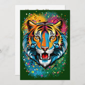Invitation Tiger Head Rainbow colors paint stains (Devant / Derrière)