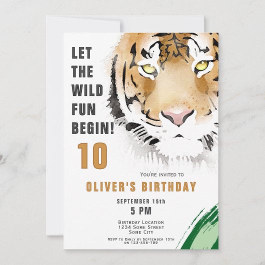 Invitation Tiger Head Watercolor Jungle Birthday Party (Devant)