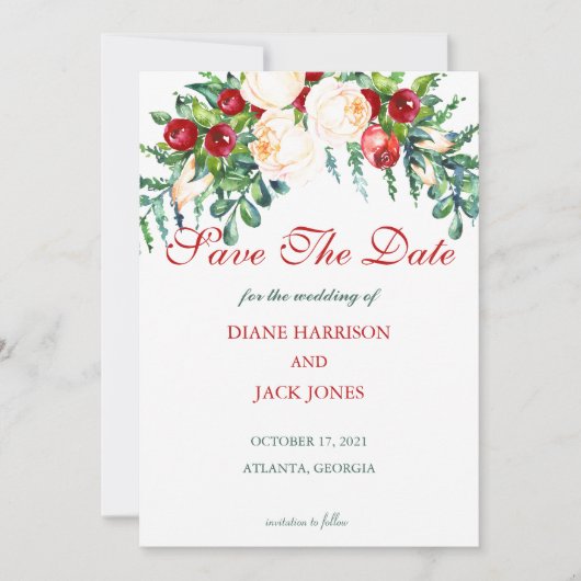 Invitation Tiges aquarelles de rose et de baie pour mariage (Devant)