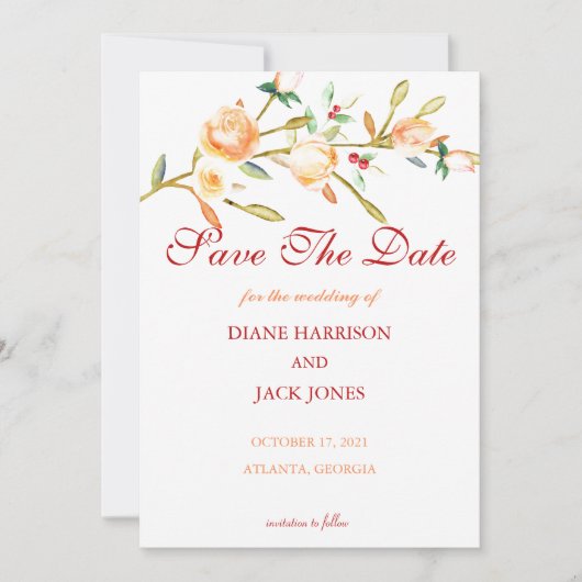 Invitation Tiges aquarelles de rose et de baie pour mariage (Devant)