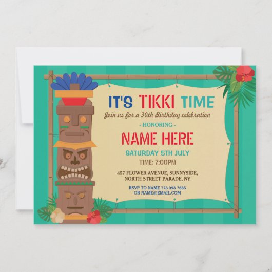 Invitation Tiki Anniversaire Fête Aloha Luau Totem PoIe Tropi (Devant)