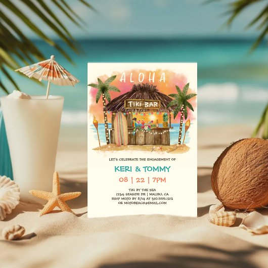 Invitation Tiki Beach Bar | Fête de Fiançailles au coucher de