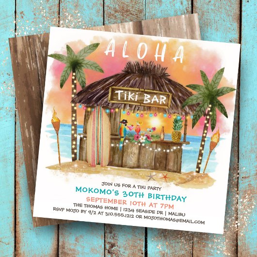 Invitation Tiki Beach Bar | Mer tropicale coucher de soleil A