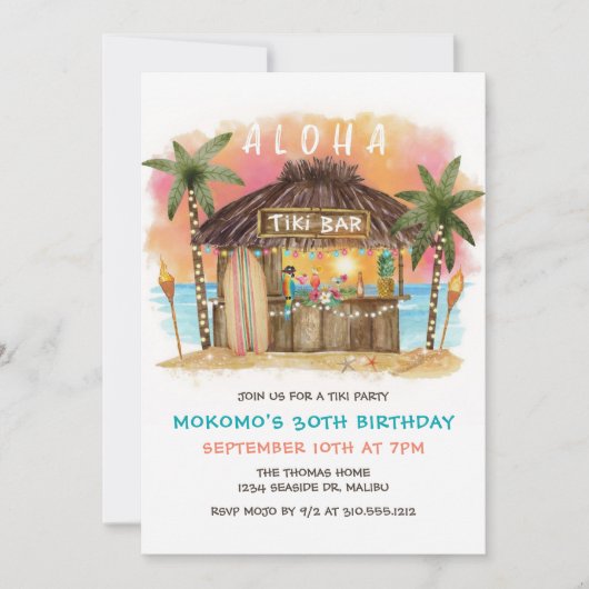 Invitation Tiki Beach Bar | Mer tropicale coucher de soleil A (Devant)