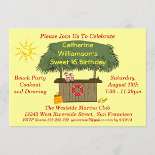 Invitation Tiki Hut Bar Cookout Beach Pool Party Sweet 16