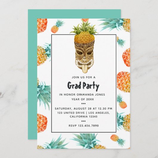 Invitation Tiki Luau Summer Pineapple Beach Graduation Party (Devant / Derrière)