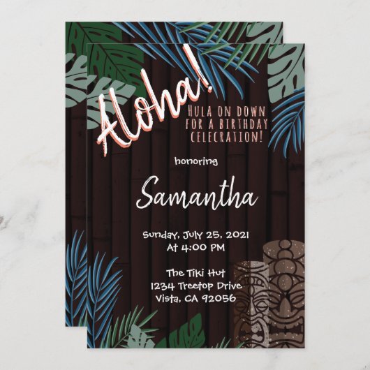 Invitation Tiki Thème Brown Hawaiian Bamboo Vert et Bleu (Devant / Derrière)